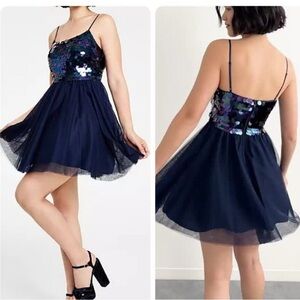 NWOT City Studio Navy Embellished Flirty Mini Dress 5 6